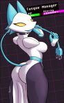  2022 5_fingers absurd_res anthro butt clothing deltarune digital_media_(artwork) english_text eyelashes felid feline female fingers floating_hands hi_res machine mammal ravirr robot solo tasque_manager text undertale_(series) video_games 