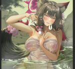  1girl animal_ear_fluff animal_ears armpits bangs black_hair blue_archive blush bow breasts choko_(cup) cleavage collarbone colored_inner_hair covered_nipples cup flower fox_ears fox_girl fox_tail hair_bow hair_flower hair_ornament halo highres large_breasts long_hair looking_at_viewer multicolored_hair nail_polish nompang nude onsen partially_submerged red_hair smile solo tail towel two-tone_hair unfinished wakamo_(blue_archive) water wet yellow_eyes 