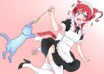 1girl absurdres alternate_costume animal_ears apron bangs birthday blue_eyes blush cat cat_ears cat_tail commentary enmaided hair_bun high_heels highres love_live! love_live!_superstar!! maid maid_apron maid_headdress pink_background red_hair single_side_bun surprised tail thighhighs yoneme_mei zero-theme 