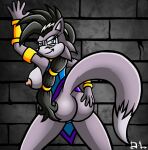  2016 against_surface against_wall anthro archie_comics armlet armor berty-j-a big_breasts black_hair black_nose blue_clothing blue_eyes bottomless bottomless_anthro bottomless_female bracers breasts butt canid canine canis clothed clothing female fur gold_armlet grey_body grey_fur hair looking_at_viewer looking_back lupe_the_wolf mammal nipples pink_nipples ponytail presenting presenting_hindquarters sega smile solo sonic_the_hedgehog_(archie) sonic_the_hedgehog_(comics) sonic_the_hedgehog_(series) wall_(structure) wolf 