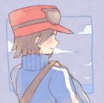  1boy black-framed_eyewear black_hair blue_eyes calem_(pokemon) closed_mouth cloud eyewear_on_headwear from_behind frown hand_up hat katiko long_sleeves lowres male_focus pokemon pokemon_(game) pokemon_xy red_headwear short_hair solo sunglasses upper_body 