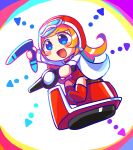  absurdres blue_eyes boomerang boots chibi coat dress ground_vehicle helmet highres mona_(warioware) motor_vehicle motorcycle offbeat red_dress red_footwear solo warioware white_coat 