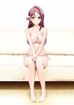  1girl absurdres amagi_(volfuji) bare_arms bare_legs barefoot bikini breasts brown_eyes cleavage collarbone full_body hair_between_eyes halterneck hands_on_own_knees highres long_hair looking_at_viewer love_live! love_live!_sunshine!! medium_breasts parted_lips pink_bikini red_hair sakurauchi_riko shiny shiny_hair side-tie_bikini_bottom sitting solo swimsuit white_background 