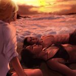  1girl 2boys abs absurdres armin_arlert artist_name bikini black_bikini black_hair blonde_hair blustock breasts brown_hair cleavage closed_eyes eren_yeager highres male_swimwear medium_breasts mikasa_ackerman multiple_boys ocean shingeki_no_kyojin sunset swim_trunks swimsuit watermark 