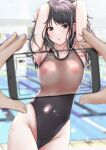  1girl absurdres armpits arms_up bangs black_hair black_one-piece_swimsuit blush breasts cellphone contrapposto covered_navel cowboy_shot grey_eyes groin highleg highleg_swimsuit highres large_breasts long_hair looking_at_viewer mole mole_under_mouth nipples one-piece_swimsuit original phone phone_screen poolside pov pov_hands shohei_(piranha5hk) smartphone solo_focus swept_bangs swimsuit user_interface x-ray_vision 