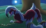  absurd_res anthro arms_tied balls bound butt canid canine doggystyle field from_behind_position fur generation_7_pokemon genitals glowing glowing_eyes grass hi_res legs_tied looking_at_viewer looking_back lycanroc male mammal midnight_lycanroc moon night nintendo plant pokemon pokemon_(species) red_body red_eyes red_fur sex solo therobd tree video_games white_body white_fur wood 