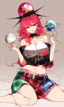  1girl absurdres black_shirt breasts chain cleavage clothes_writing gold_chain hecatia_lapislazuli highres large_breasts off-shoulder_shirt off_shoulder plaid plaid_skirt polos_crown raptor7 red_eyes red_hair shirt skirt solo t-shirt 