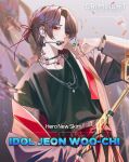  1boy bangs belt black_shirt brown_hair choker english_commentary grimlight half_updo headset idol jacket jeon_woo_chi_(grimlight) jewelry looking_at_viewer male_focus necklace official_art open_clothes open_jacket red_eyes ring shirt solo weapon 