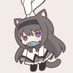  1girl akemi_homura animal_ears black_hair black_hairband black_pantyhose cat_ears cat_girl cat_tail chibi disembodied_limb fish_in_mouth food_in_mouth full_body hairband long_sleeves lowres mahou_shoujo_madoka_magica mouth_hold pantyhose purple_eyes solo tail yuno385 