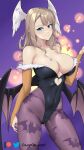  1girl bangs bare_shoulders black_leotard blue_eyes bridal_gauntlets brown_hair clothing_cutout commentary cosplay covered_navel cowboy_shot damodar eunie_(xenoblade) head_wings heart_cutout highres leotard long_hair looking_at_viewer morrigan_aensland morrigan_aensland_(cosplay) off_shoulder pantyhose purple_background purple_pantyhose smile solo standing thighs vampire_(game) xenoblade_chronicles_(series) xenoblade_chronicles_3 