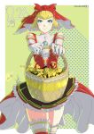  1girl absurdres adam_kun_arts apple apron bare_shoulders basket blonde_hair blue_eyes breasts dress elbow_gloves food frills fruit garter_straps gloves golden_apple highres hood idunn_(megami_tensei) looking_at_viewer shin_megami_tensei shin_megami_tensei_v short_hair simple_background skirt smile solo thighhighs 