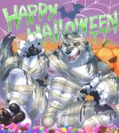  abs absurd_res anthro balls canid canine canis domestic_dog flaccid genitals halloween hi_res holidays husky lifewonders live-a-hero male mammal monomasa mummy_costume mummy_wrappings muscular muscular_anthro muscular_male navel nipples nordic_sled_dog pecs penis solo spitz video_games weedwolf 