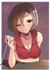  1girl absurdres arm_on_table artist_name bangs breasts brown_eyes brown_hair choker cleavage closed_mouth cocktail_glass cup drink drinking_glass eighth_note elbow_on_table hair_between_eyes highres holding holding_cup holding_drink kusunokimizuha light_blush light_smile looking_at_viewer meiko_(vocaloid) musical_note one_eye_closed red_choker red_shirt shirt short_hair signature sleeveless sleeveless_shirt solo speech_bubble spoken_musical_note vocaloid 