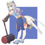  1girl bangs beatrice_(rune_factory) blue_eyes breasts dress full_body grey_hair jito leaning_forward leaning_on_weapon long_hair mallet rune_factory rune_factory_5 short_dress small_breasts solo thighhighs white_thighhighs 