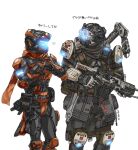  2boys a-wall_pilot_(titanfall_2) assault_visor black_gloves elbow_pads extra_arms gloves grapple_pilot_(titanfall_2) grey_jacket gun heart helmet highres holding holding_gun holding_weapon holstered_weapon jacket kotone_a light_machine_gun male_focus mechanical_arms multiple_boys orange_gloves orange_scarf own_hands_together pilot_(titanfall_2) revolver scarf science_fiction simple_background single_mechanical_arm titanfall_(series) titanfall_2 translation_request trigger_discipline weapon white_background x-55_devotion 