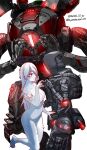  1boy 1girl arm_strap backpack bag barefoot borrowed_character collarbone english_commentary freckles heart heart_hands hetero highres hologram hood hood_up humanoid_robot kotone_a looking_at_another mecha no_nipples northstar_(titanfall) nude one_eye_covered original pale_skin red_eyes robot simulacrum_(titanfall) smile titan_(titanfall) titanfall_(series) titanfall_2 twitter_username white_background white_hair 