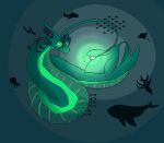  2021 absurd_res ambiguous_gender batoid cephalopod cetacean coleoid detailed_background digital_drawing_(artwork) digital_media_(artwork) feral fin fish frill_(anatomy) glowing glowing_eyes green_body hi_res hybrid keinga lanternfish looking_away mammal manta_ray marine mollusk monster multicolored_body nude octopodiform octopus serpentine shaded solo striped_body stripes translucent two_tone_body underwater water 