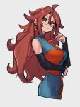  1girl android_21 black_sleeves breasts checkered_clothes checkered_dress detached_sleeves dragon_ball dragon_ball_fighterz dress earrings glasses grey_background hair_between_eyes hoop_earrings jewelry kemachiku long_hair looking_at_viewer medium_breasts red_eyes red_hair simple_background solo 