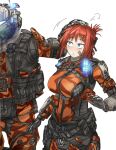  1boy 1girl assault_visor bangs barcode belt black_belt black_bodysuit blue_eyes blush bodysuit breasts gloves glowing grey_gloves hair_ornament hairclip half_updo headpat helmet highres kotone_a large_breasts looking_to_the_side orange_bodysuit orange_hair pilot_(titanfall_2) pouch pulse_blade_pilot_(titanfall_2) surprised titanfall_(series) titanfall_2 white_background 
