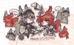  ... 2girls adan_imas animal_ears animalization arknights armor ashlock_(arknights) bright_pupils brown_eyes chibi ear_covers ear_tag earpiece flametail_(arknights) grey_hair holding holding_polearm holding_sword holding_weapon justice_knight_(arknights) korean_text looking_at_viewer multiple_girls oripathy_lesion_(arknights) polearm red_hair shield short_hair smile speech_bubble spoken_ellipsis squirrel_ears squirrel_girl squirrel_tail sword tail translation_request visor_(armor) visor_lift weapon white_pupils 
