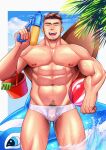  &gt;_&lt; 1boy :d abs absurdres armpit_hair ball bara beachball biceps brown_hair bucket bulge carrying carrying_under_arm closed_eyes collarbone cowboy_shot day facial_hair facing_viewer flaccid goatee hand_up highres holding holding_water_gun inflatable_orca inflatable_toy large_pectorals leg_hair male_focus male_pubic_hair male_swimwear minoru_(jxgn4877) muscular muscular_male navel navel_hair nipples open_mouth original outdoors outside_border palm_leaf pectorals penis pubic_hair see-through shiny shiny_skin short_hair smile solo spiked_hair standing surfboard swim_briefs uncensored wading water water_gun wet_male_swimwear white_male_swimwear xd 