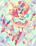  animal_ears bangs blue_eyes blue_eyeshadow blue_gloves boots bow dez english_commentary eyeshadow gloves hair_bow highres long_hair magical_girl makeup one_eye_closed personification pink_footwear pink_hair pixel_art pokemon sylveon 