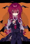  1girl bangs bat_wings black_dress black_nails black_sleeves black_thighhighs cup dress drinking_glass feet_out_of_frame hair_between_eyes head_wings highres holding holding_cup koakuma long_hair looking_at_viewer nail_polish necktie open_mouth red_eyes red_hair red_necktie roamu_65 shirt sitting solo thighhighs touhou white_shirt wine_glass wings 