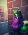  2017 anthro black_nose blurred_background canid clothed clothing dated fur glistening glistening_eyes glistening_nose green_body green_fur green_hair grin hair hands_in_both_pockets headgear headphones headset hi_res jacket looking_aside male mammal mylafox portrait purple_clothing purple_eyes purple_jacket purple_topwear short_hair signature smile solo spots spotted_body spotted_fur standing text three-quarter_portrait three-quarter_view topwear urban url yellow_body yellow_fur 