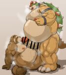  2022 anthro balls belly big_belly bodily_fluids bowser brown_body canid canine duo erection genitals kemono koopa kotobuki male male/male mammal mario_bros moobs musk nintendo nipples overweight overweight_male penis raccoon_dog scalie sweat tanuki video_games 