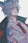  1boy animal bishounen blue_eyes blue_hair character_request dutch_angle eyepatch formal from_below granblue_fantasy hair_over_one_eye highres looking_at_viewer male_focus muramitsu_(d3jgv) necktie red_necktie short_hair simple_background solo suit upper_body white_background white_suit 