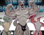  2022 abs anthro biceps big_bulge big_muscles bulge ceratopsian claws clothed clothing countershade_torso countershading dinosaur flexing green_body green_scales grey_body grey_scales group hi_res horn jockstrap k0bit0wani male membrane_(anatomy) membranous_wings muscular muscular_anthro muscular_male nipples open_mouth ornithischian pecs pterodactylus pterosaur red_body red_scales reptile scales scalie teeth theropod tongue triceratops tyrannosaurid tyrannosaurus tyrannosaurus_rex underwear wings 