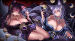  333_(pixiv8601259) absurdres animal_ears azur_lane bare_shoulders beads blue_kimono bottle breasts cleavage cup fangs fox_ears fox_girl fox_tail fur_trim gem gold_trim grey_tail highres holding holding_bottle huge_breasts japanese_clothes jewelry kimono kitsune kyuubi large_tail light_purple_hair long_hair looking_at_viewer lying magatama magatama_necklace moon_phases multiple_tails musashi_(azur_lane) nail_polish necklace on_side prayer_beads purple_eyes purple_gemstone purple_hair purple_nails sakazuki sake_bottle shinano_(azur_lane) slit_pupils tail very_long_hair yellow_eyes 