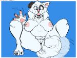  anthro canid canine canis claws collar domestic_dog female fur genitals happy hi_res infernaltanuki mammal nippled nipples nude pink_nipples puffy_nipples pussy saoirse slightly_chubby solo spots tail_motion tailwag tongue wave white_body white_fur 