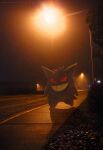  artist_name commentary_request gengar grin highres lamppost looking_at_viewer mei_ford night no_humans outdoors pavement pokemon pokemon_(creature) red_eyes road smile solo standing teeth watermark 