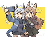  2girls animal_ears arknights black_shirt black_skirt black_thighhighs blue_jacket brown_eyes brown_gloves brown_hair cellphone collared_shirt cowboy_shot dragon_girl dragon_horns dragon_tail fox_ears fox_girl fox_tail franka_(arknights) gloves grey_hair grey_shirt highres holding holding_phone horns id_card jacket konno_akikaze liskarm_(arknights) long_hair miniskirt multiple_girls open_clothes open_jacket open_mouth phone pleated_skirt selfie shirt shirt_tucked_in simple_background skirt smartphone tail thighhighs triangle_mouth twitter_username two-tone_background v v-shaped_eyebrows white_background yellow_background 