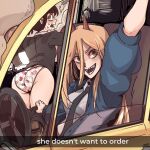  2girls ass assisted_exposure black_hair blonde_hair car chainsaw_man clothes_pull demon_horns driving ground_vehicle hand_up he_wants_to_order_(meme) hello_kitty hello_kitty_(character) higashiyama_kobeni highres horns kreadorsito looking_at_viewer meme motor_vehicle multiple_girls necktie open_mouth original panties pants pants_pull power_(chainsaw_man) sharp_teeth smoke speech_bubble sweatdrop teeth underwear v window 