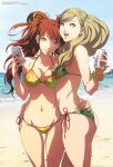  2girls ad ale_(ale_halexxx) ass bare_shoulders beach bikini blonde_hair blue_eyes breasts can cleavage commission earrings hair_ornament hand_on_another&#039;s_back highres jewelry kujikawa_rise matching_outfit multiple_girls navel persona persona_4 persona_5 red_hair skindentation smile soda_can stomach string_bikini swimsuit takamaki_anne twintails yellow_eyes 