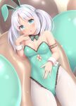  1girl animal_ears aqua_bow aqua_bowtie aqua_eyes aqua_hairband aqua_leotard balloon blush bow bowtie chocolate_mint commentary covered_navel fake_animal_ears food-themed_clothes frilled_leotard frills hair_tie hairband hand_on_own_stomach highres leotard light_purple_hair neck_garter open_mouth original pantyhose playboy_bunny rabbit_ears sasaame solo striped striped_bow striped_bowtie symbol-only_commentary twintails white_pantyhose wrist_cuffs 