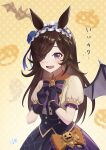  1girl bat_wings black_gloves dress frilled_dress frills gloves hair_over_one_eye halloween halloween_costume headdress highres horse_girl kashiiyou long_hair open_mouth purple_eyes rice_shower_(umamusume) signature smile umamusume wings 