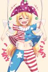  +++ 1girl american_flag_pants blonde_hair blush blush_stickers clothes_lift clownpiece disembodied_limb fairy_wings hat iberiko_(soinesitai) jester_cap midriff navel purple_eyes shirt_lift simple_background teeth tickling touhou upper_teeth wings 