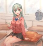  1girl artist_name bag black_skirt blush breasts buttons cardigan cellphone chair collared_shirt desk green_eyes green_hair hair_between_eyes hair_ornament hairclip holding holding_phone kantai_collection large_breasts long_hair long_sleeves looking_at_viewer open_mouth phone pink_cardigan pleated_skirt school_bag school_chair school_desk shirt signature sitting skirt smartphone smile solo suzuya_(kancolle) white_shirt wss_(nicoseiga19993411) 