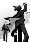  2boys animal_ears arknights black_hair briefcase brothers cape capone_(arknights) formal full_body furry furry_male gambino_(arknights) highres iwashi_80 male_focus monochrome multiple_boys outdoors siblings suit sweater tail wolf_boy wolf_ears wolf_tail 