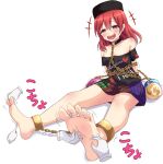  +++ 1girl bare_shoulders barefoot bdsm black_headwear chain disembodied_limb feet hecatia_lapislazuli iberiko_(soinesitai) off-shoulder_shirt off_shoulder red_eyes red_hair shirt short_hair simple_background sitting soles t-shirt tickling toes touhou white_background 