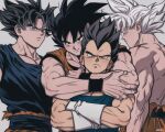  2boys black_hair blue_bodysuit bodysuit closed_mouth crossed_arms dougi dragon_ball dragon_ball_super fecaa gloves hug hug_from_behind large_pectorals male_focus multiple_boys muscular muscular_male pectorals short_hair smile son_goku spiked_hair topless_male torn_clothes ultra_instinct vegeta white_gloves white_hair wristband 