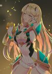  1girl :t bangs bare_shoulders blonde_hair blush breasts cleavage closed_eyes closed_mouth commentary dress eating food food_on_face hair_between_eyes hand_on_own_face hands_up headpiece hehe_jun highres holding holding_food large_breasts long_hair mythra_(xenoblade) solo very_long_hair white_dress xenoblade_chronicles_(series) xenoblade_chronicles_2 