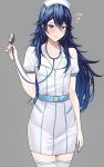  1girl alternate_costume ameno_(a_meno0) bangs belt belt_buckle blue_belt blue_eyes blue_hair blush buckle collarbone dress fire_emblem fire_emblem_awakening flying_sweatdrops grey_background hair_between_eyes hat holding holding_stethoscope lips long_hair looking_at_viewer lucina_(fire_emblem) nurse nurse_cap parted_lips pink_lips short_sleeves simple_background solo stethoscope thighhighs white_dress white_headwear white_thighhighs 