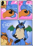  2022 anthro artariem backsack balls belly big_balls big_belly big_penis black_penis blue_balls blue_body blue_fur bodily_fluids buttplug canid canine charizard clothing comic costume cum cum_in_ass cum_inflation cum_inside digital_drawing_(artwork) digital_media_(artwork) duo erection fake_tail fake_wings foreskin fur generation_1_pokemon generation_4_pokemon genital_fluids genitals half-erect hi_res inflation lucario male male/male mammal musclegut muscular nintendo orange_body partially_retracted_foreskin pecs penis plug_(sex_toy) pokemon pokemon_(species) red_eyes reptile scalie sex_toy size_difference video_games wings yellow_balls yellow_chest 
