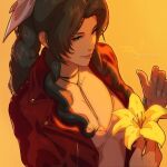  1girl aerith_gainsborough bangle bangs bracelet braid braided_ponytail breasts brown_hair choker cleavage dress final_fantasy final_fantasy_vii final_fantasy_vii_remake fingernails flower flower_choker green_eyes hair_ribbon holding holding_flower jacket jewelry lily_(flower) long_hair medium_breasts orange_background parted_bangs parted_lips pink_dress pink_ribbon red_jacket ribbon sidelocks smile solo the_art_mage twitter_username upper_body wavy_hair yellow_flower 