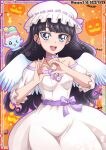  1girl angel angel_wings bare_shoulders bat_(animal) black_hair blue_eyes breasts choker dated delicious_party_precure dress feathered_wings halloween_costume hanzou hat hat_ribbon heart heart_hands highres jack-o&#039;-lantern jewelry kasai_amane long_hair long_sleeves looking_at_viewer mob_cap off_shoulder open_mouth orange_background parfait_recipipi pendant precure pumpkin purple_choker recipipi ribbon small_breasts twitter_username white_wings wings 