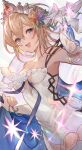  1girl :d absurdres armlet bangs bare_shoulders blonde_hair blue_flower blue_rose blush bracelet breasts bug butterfly cleavage cowboy_shot crown dress dutch_angle europa_(granblue_fantasy) flower granblue_fantasy hair_flower hair_ornament highres holding jewelry looking_at_viewer off-shoulder_dress off_shoulder open_mouth orange_flower orange_rose photoshop_(medium) purple_eyes rose short_hair smile solo sparkle suzu_(suzuame329) white_dress 